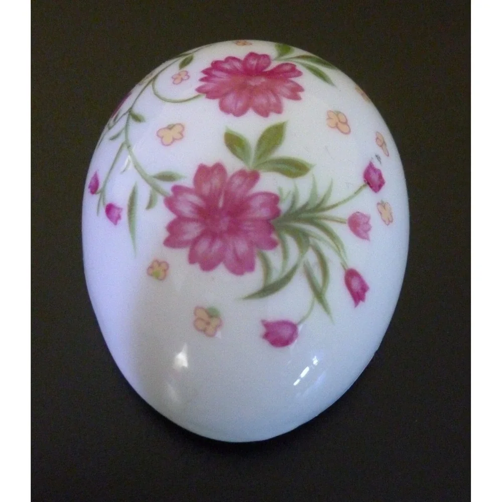 Vintage Lefton China ~ Ceramic Egg Trinket Box ~ Floral Pink Flower Design